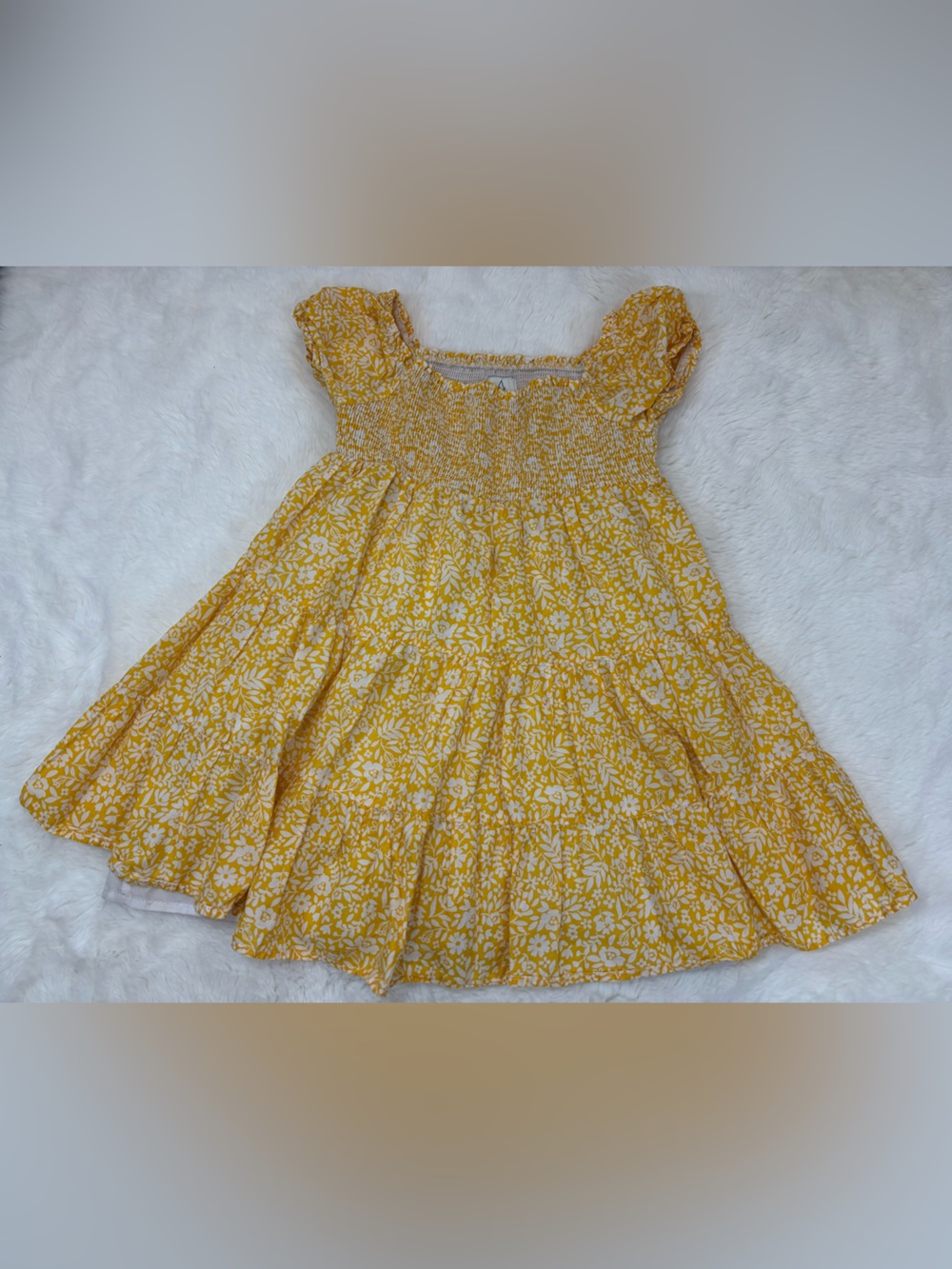 Joie Yellow Floral Dress Square Neck, Smocked Bodice & Tiered Skirt Girls Size 6